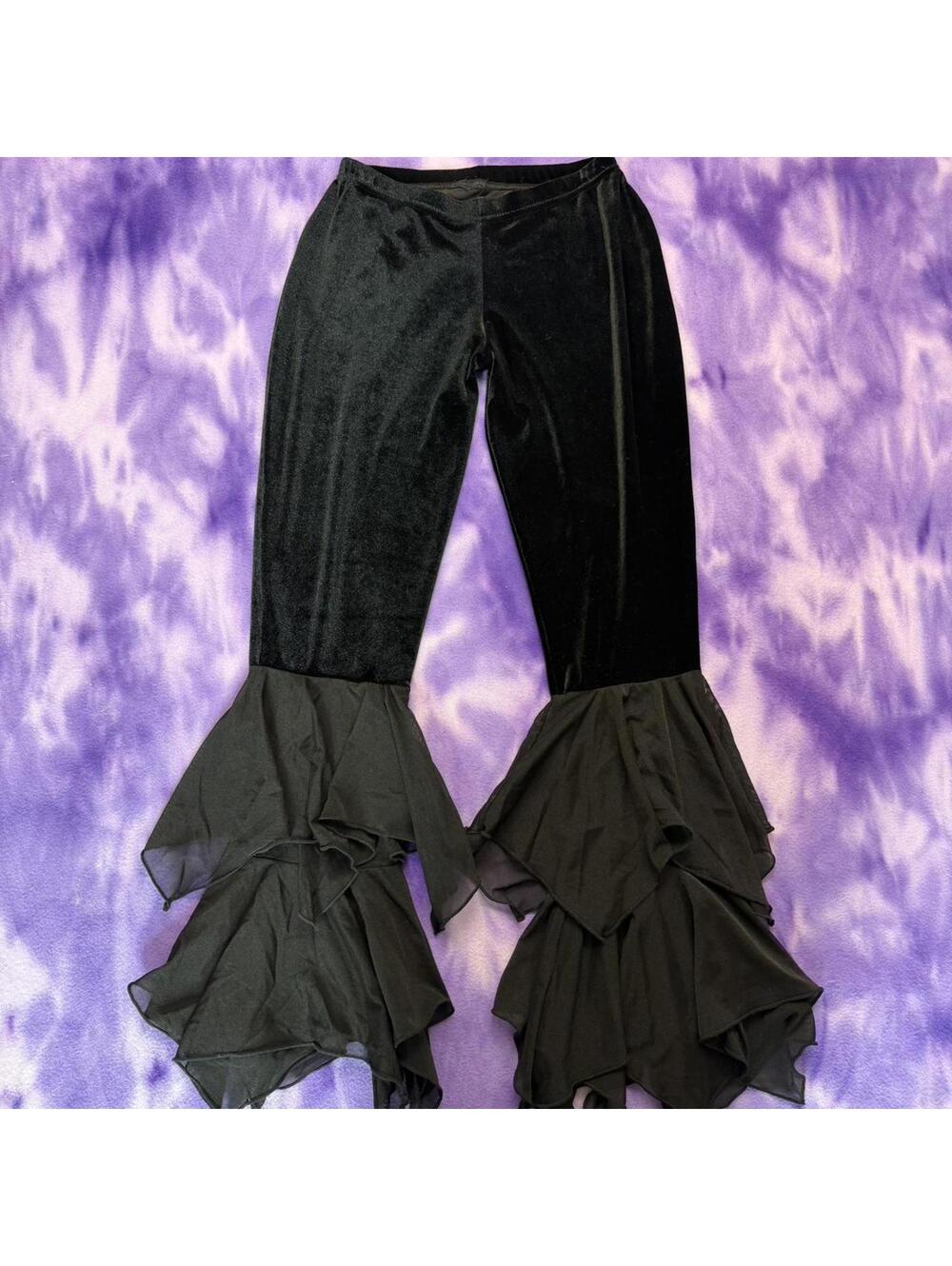 Vtg y2k black velvet and mesh tiered bell bottom pants